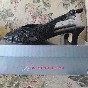 Ros Hommerson Black Leather Slingback Heels Pearl Lizard Print